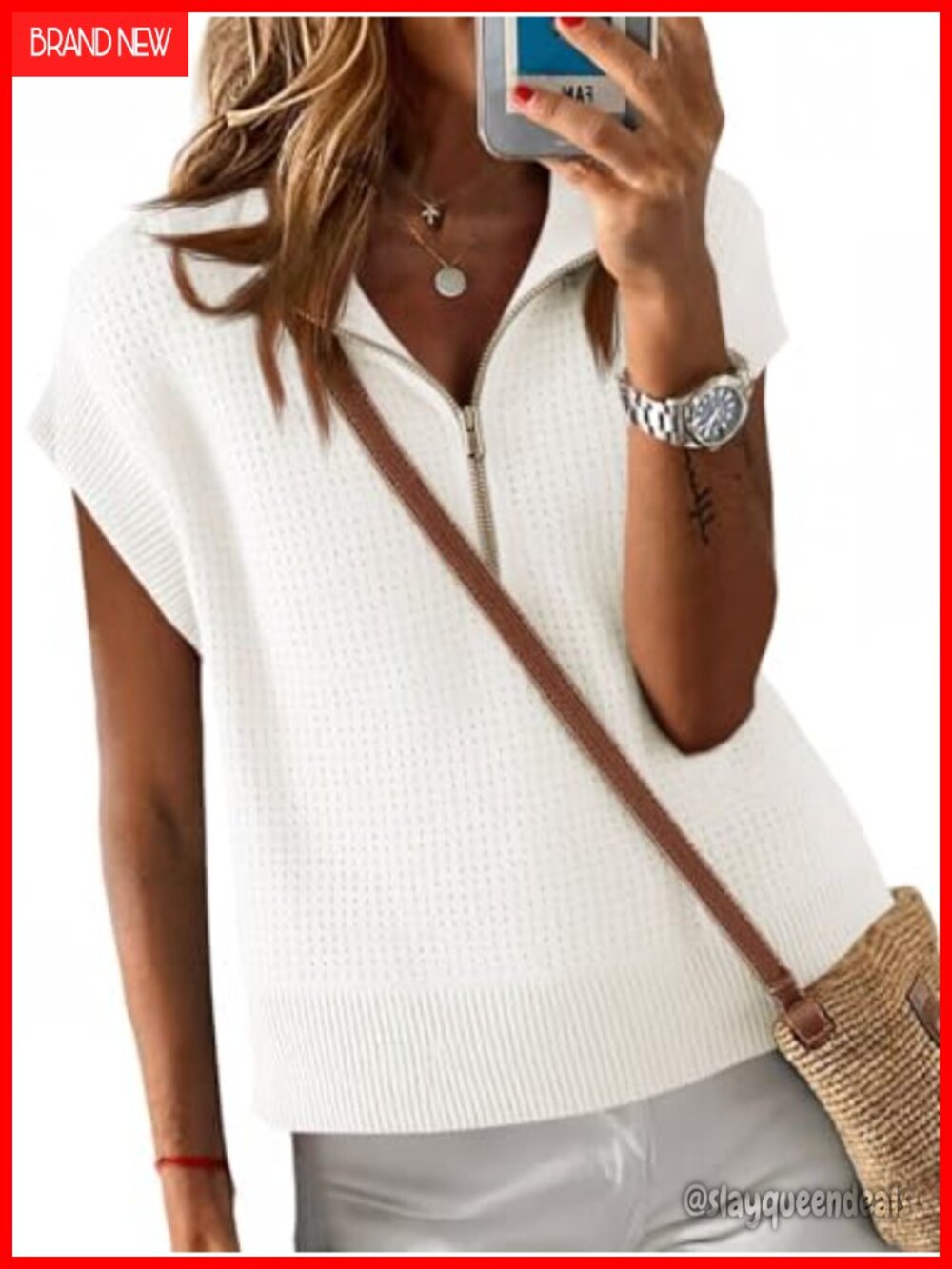 Women's Cropped Knit Sweater Vest Half Zip Cap Sleeve Oversized Pullover